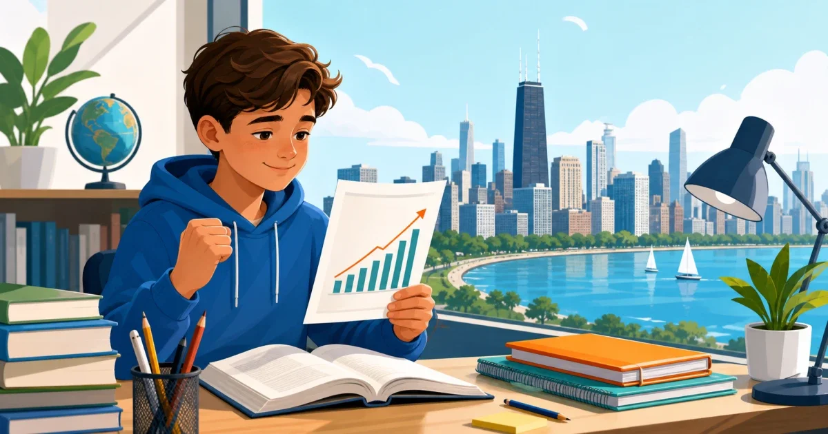 Flat illustration of a student reviewing a report card and math problems at a desk, with a Chicago skyline in the background