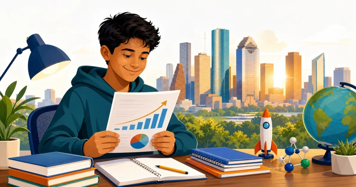 Flat illustration of a 7th-grade student studying math and reading materials with a Houston skyline and medical cross symbol in the background, representing DeBakey High School admissions prep