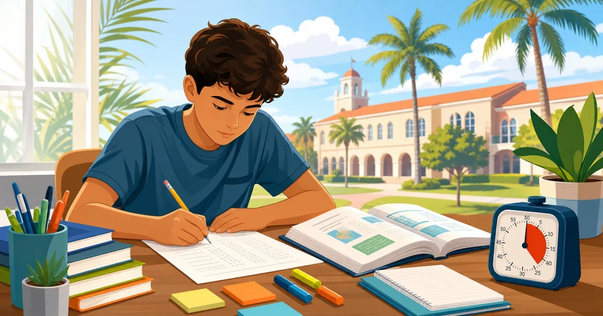 Flat illustration of a female student studying at a desk with a pencil and exam booklet, Tampa Bay skyline visible through a classroom window, bright professional colors