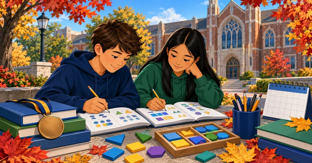 Flat illustration of an 8th-grade student studying at a desk with math and reading materials, representing HSPT prep for Archbishop Moeller High School in Cincinnati