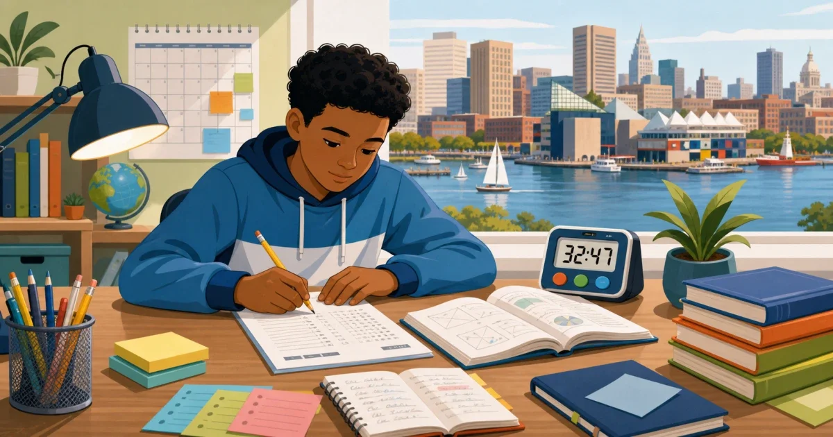 Flat illustration of a focused middle school student at a desk with a pencil and test booklet, Baltimore skyline faintly visible in the background, bright blue and gold color palette