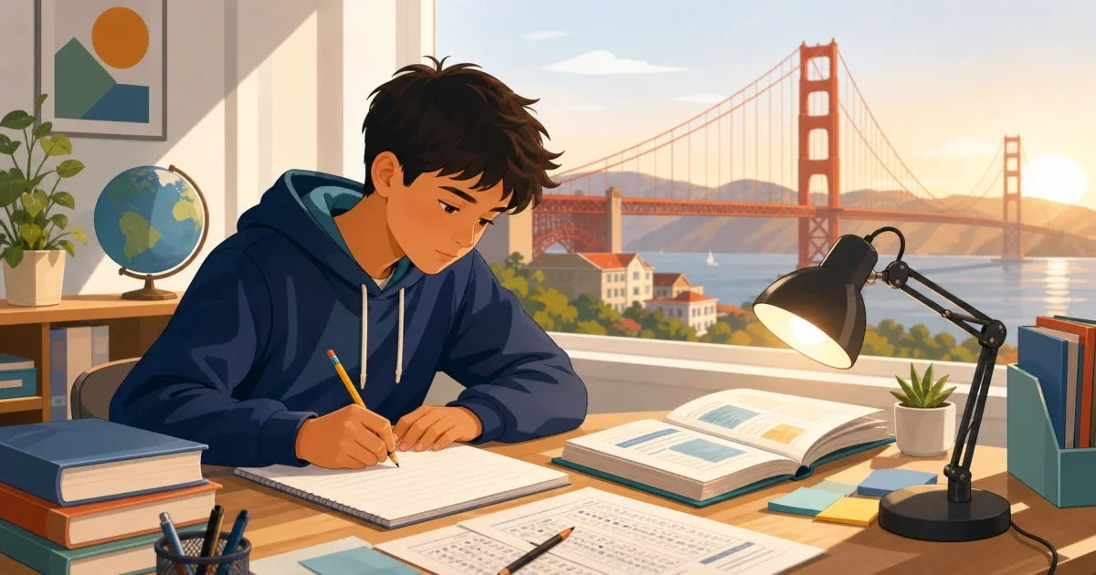 Flat illustration of a student writing an essay at a desk with a timer, STEM books, and a Bay Area skyline silhouette in the background