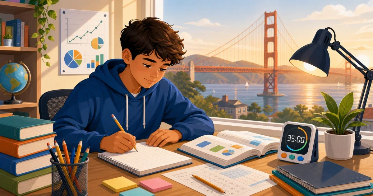 Flat illustration of a middle school student writing an essay at a desk with STEM books and a pencil, representing BASIS Independent Silicon Valley entrance exam preparation