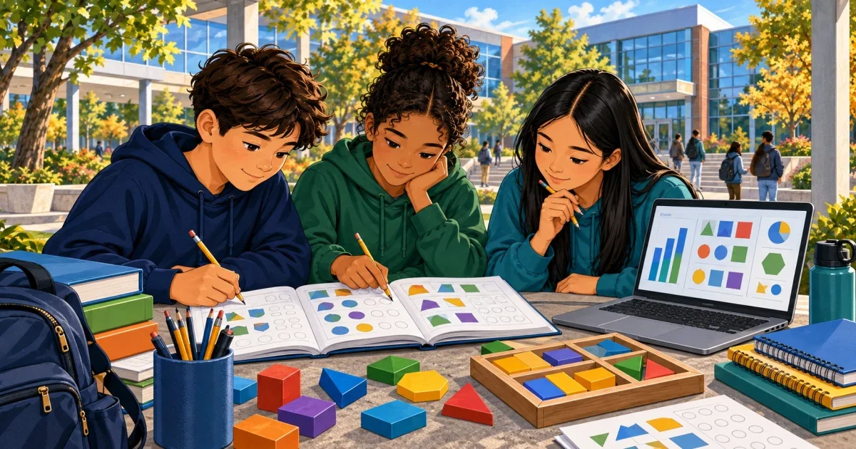 Flat illustration of a student sitting at a desk with math and reading icons representing the BCS Specialty Schools Entrance Exam in Birmingham Alabama