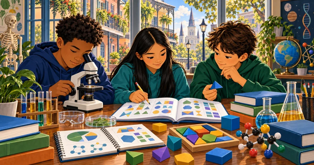 Flat illustration of a middle school student studying STEM materials with a New Orleans cityscape in the background