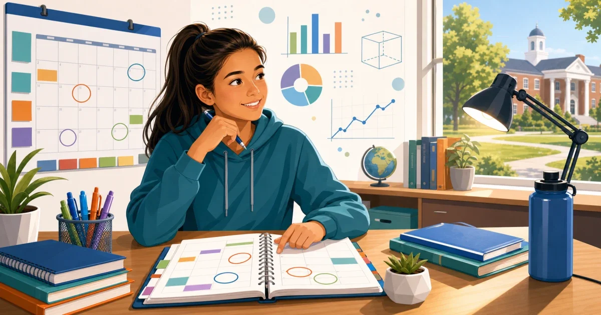 Flat illustration of a student studying at a desk with math equations and an open book, representing BHSEC Manhattan admissions test preparation