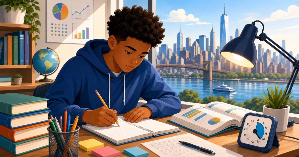 Flat illustration of a student writing an essay at a desk with books and a pencil, representing BHSEC Queens humanities writing assessment prep