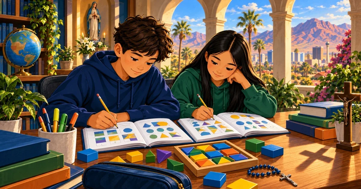 Flat illustration of a student studying at a desk with math equations and a pencil, representing HSPT test prep for Bishop Gorman High School in Las Vegas