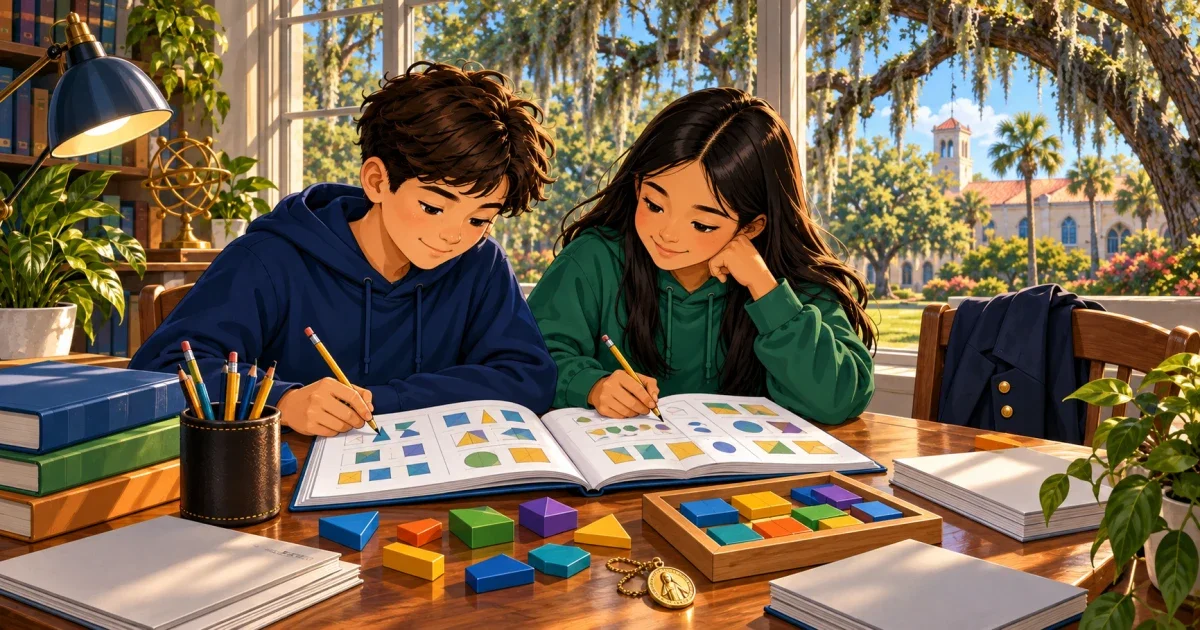 Flat illustration of a student studying math and science problems at a desk, with Jacksonville skyline in the background and a multiple-choice test paper visible