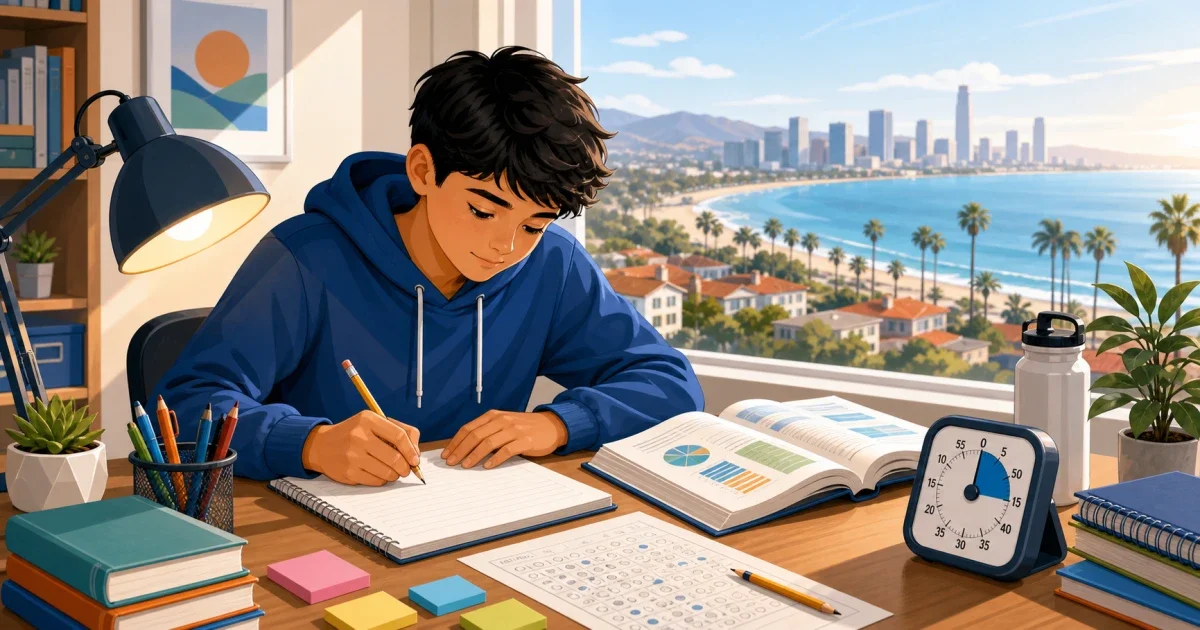 Flat illustration of a student writing at a desk with a San Diego skyline and STEM icons in the background