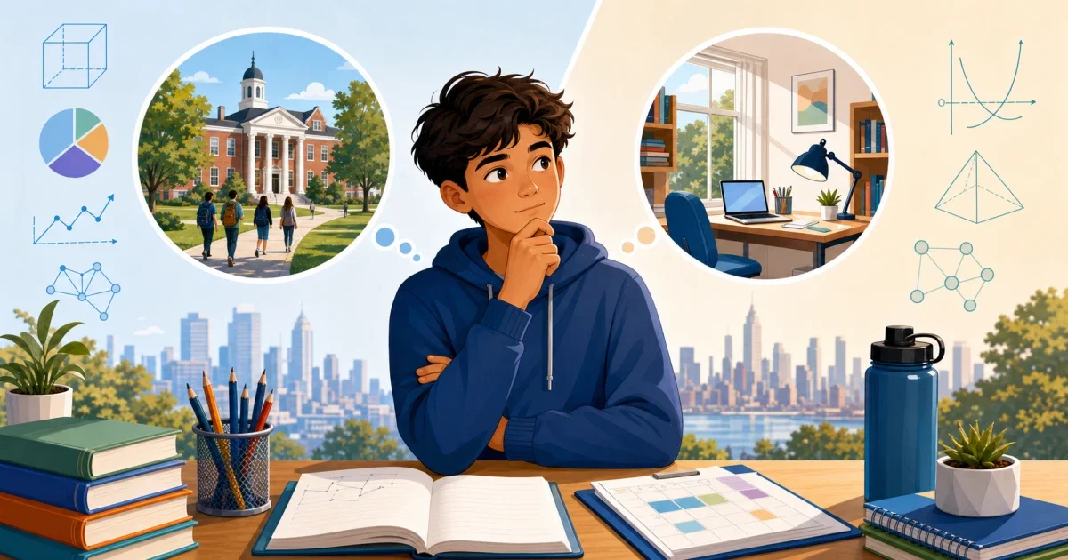 Flat illustration of three Montgomery County high school buildings side by side with STEM icons representing Blair Magnet, Poolesville, and Richard Montgomery IB magnet program comparison
