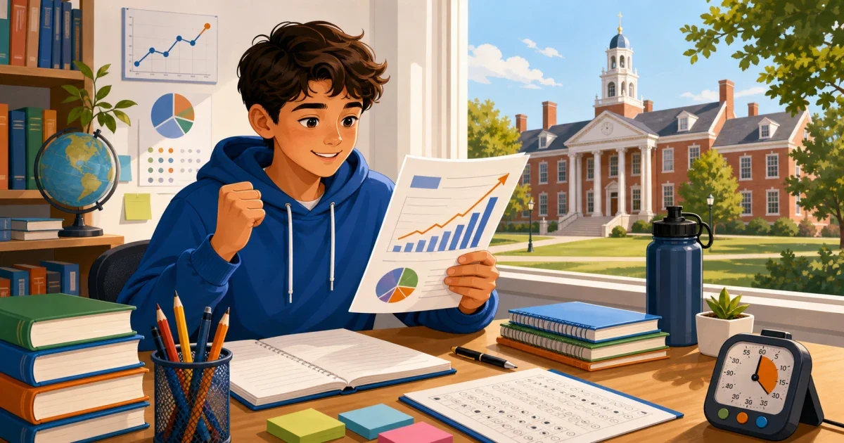 Flat illustration of a student reviewing Boston exam schools admissions score breakdown on a laptop with Boston city skyline in the background