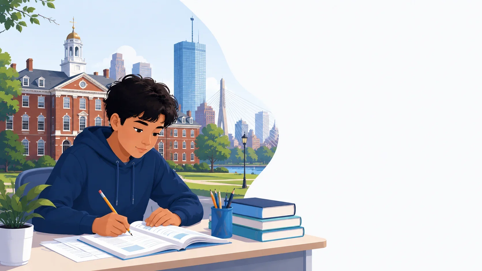 A student taking a computer-adaptive MAP Growth math test with a Boston skyline silhouette and three exam school building icons