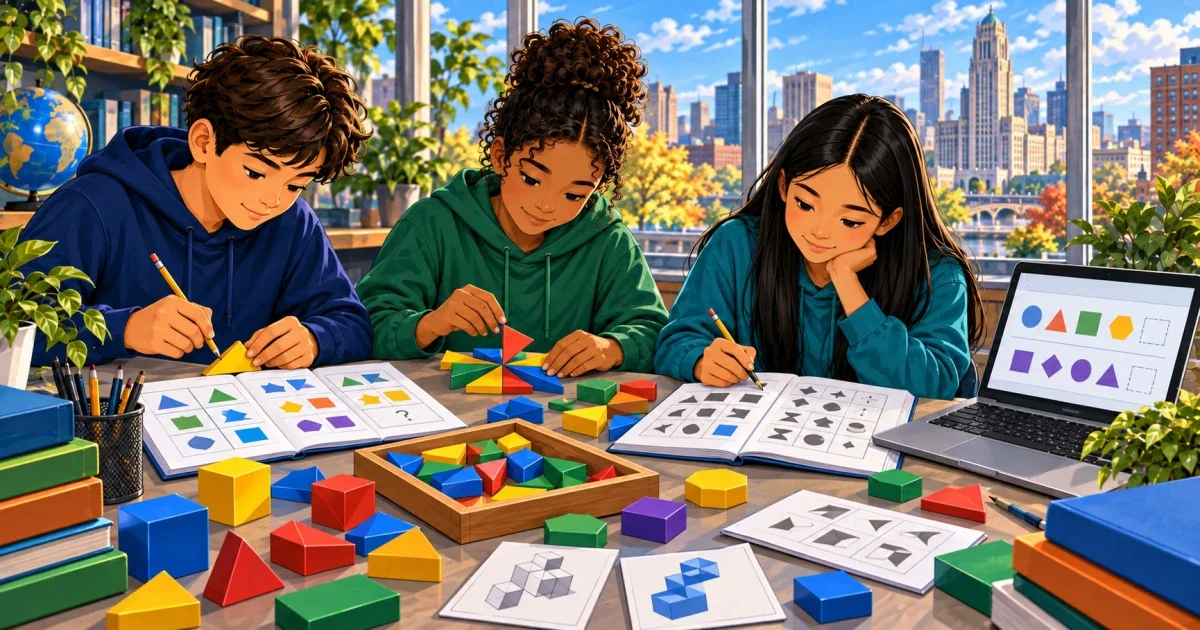 Flat illustration of a student working through a pattern-based reasoning problem at a desk, with Buffalo skyline elements and school imagery in the background