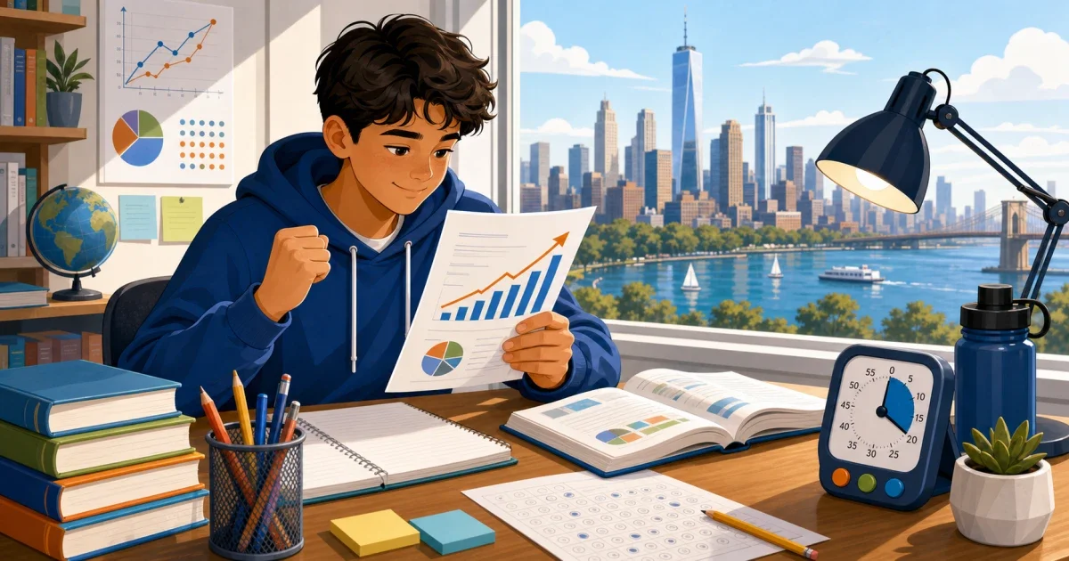 Flat illustration of a student studying at a desk with science and math icons, representing NYC specialized high school SHSAT preparation