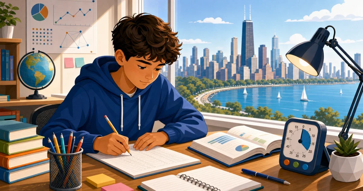 8th-grade student preparing for the Brother Rice High School HSPT admissions test with STEM study materials