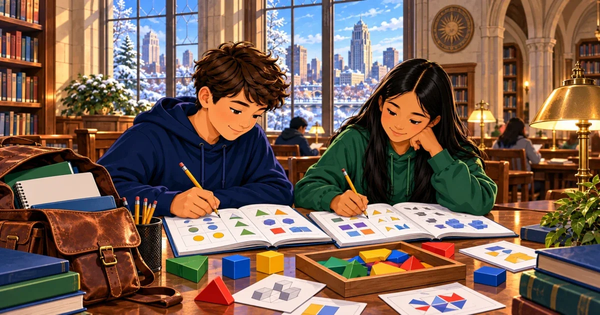 Flat illustration of a student at a desk preparing for the Canisius High School HSPT entrance exam, with math and writing symbols in the background, set in warm blue and gold tones