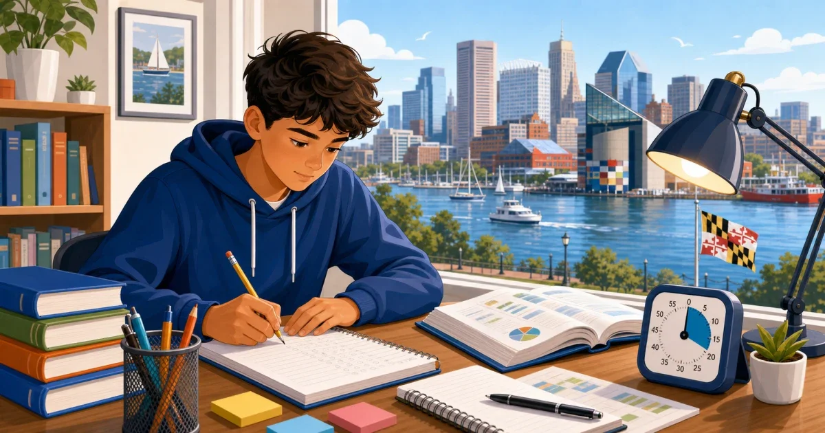 Flat illustration of a student preparing for a STEM magnet school admissions test with a laptop, brochure, and critical thinking diagram on a desk