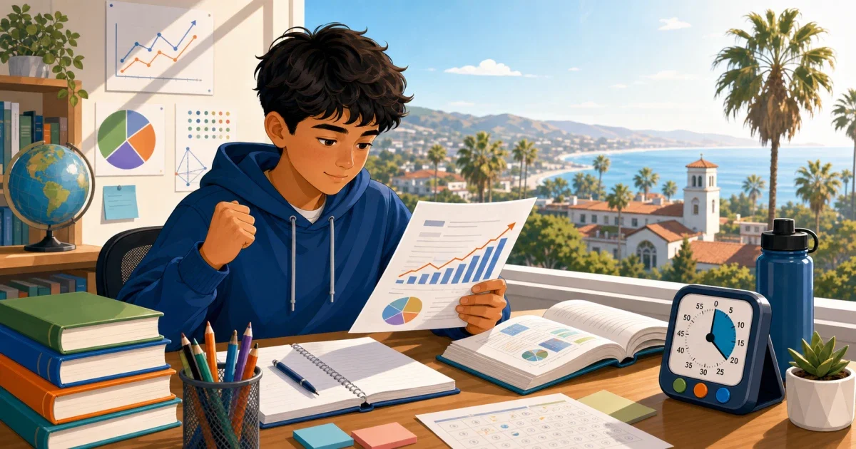 Flat illustration of an 8th-grade student reviewing math and English notes at a desk, with a San Diego skyline in the background, representing Cathedral Catholic High School placement test preparation