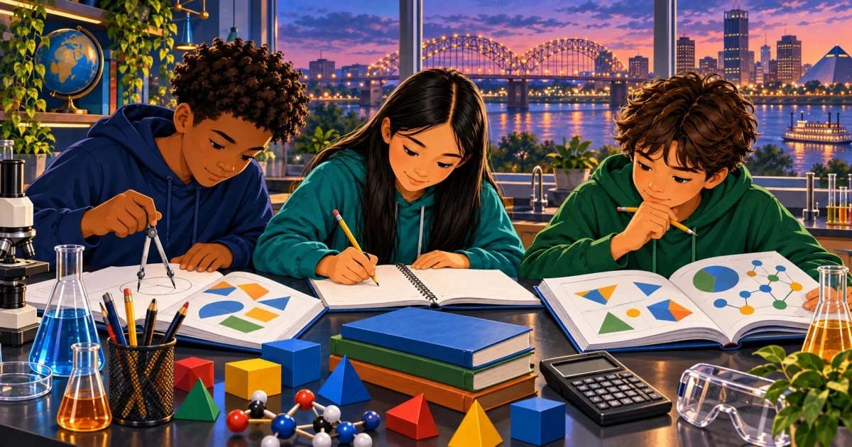 Flat illustration of a focused 8th-grade student sitting at a desk with test papers and a pencil, Memphis city skyline visible through a classroom window, bright professional colors