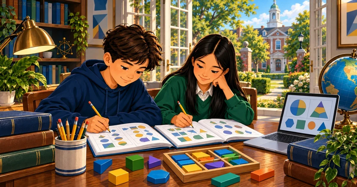 Flat illustration of a student studying STEM materials at a desk with Cincinnati skyline in the background, representing Cincinnati Country Day School ISEE prep