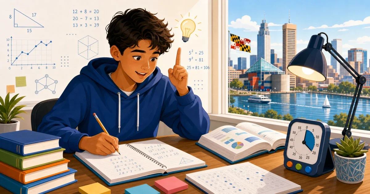 Flat illustration of an 8th-grade student studying math and logic diagrams at a desk, with Baltimore city skyline visible through a classroom window, representing Ingenuity Project test preparation