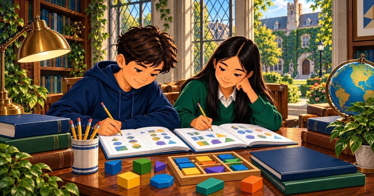 Middle school student preparing for the Columbus Academy ISEE admissions test at a study desk with Columbus Ohio in the background