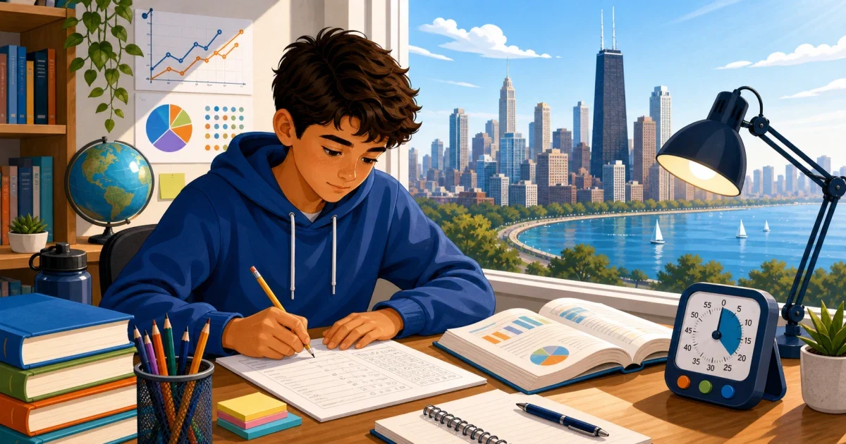 Flat illustration of a focused middle school student at a computer screen with math and reading icons, representing CPS HSAT digital test preparation in Chicago