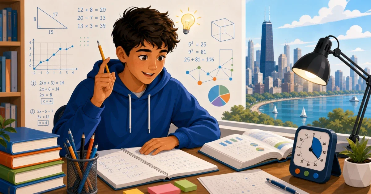 Flat illustration of a student working through math and reading problems on a digital screen, representing CPS HSAT test preparation
