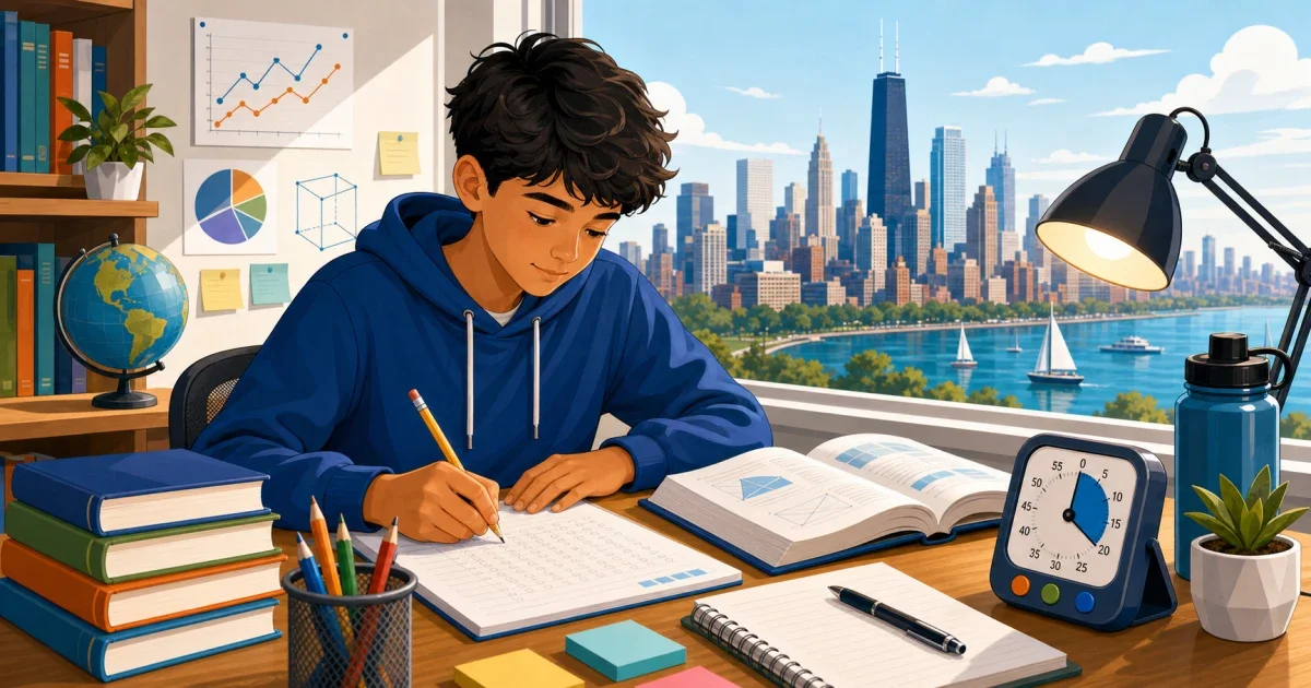 A student studying at a desk with Chicago skyline visible through a window, preparing for selective enrollment high school admissions testing