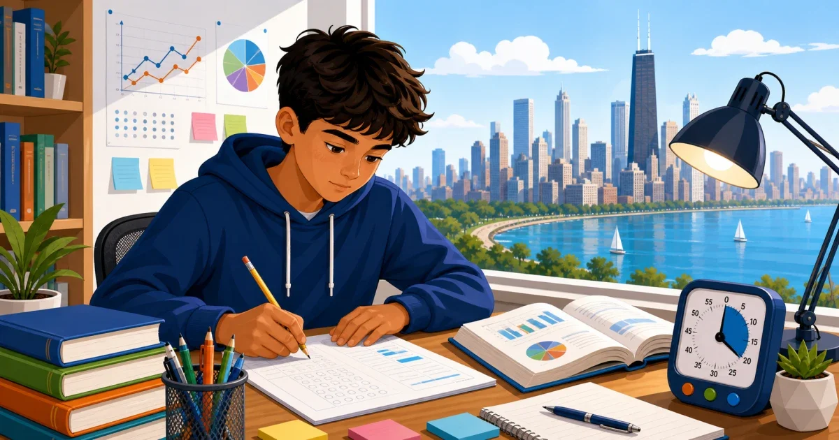 A middle school student sitting at a computer taking a timed digital math and reading practice test, with a Chicago cityscape visible through a classroom window