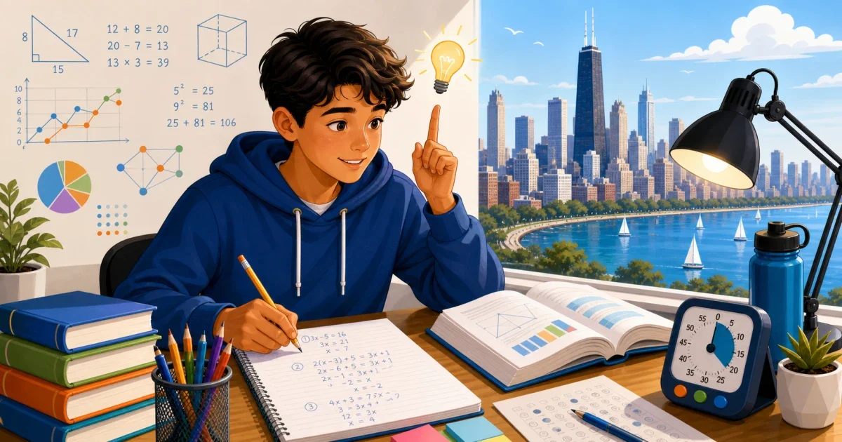 Flat illustration of a young student at a desk with geometric shapes and number patterns floating around them, representing the CPS Regional Gifted Center admissions test