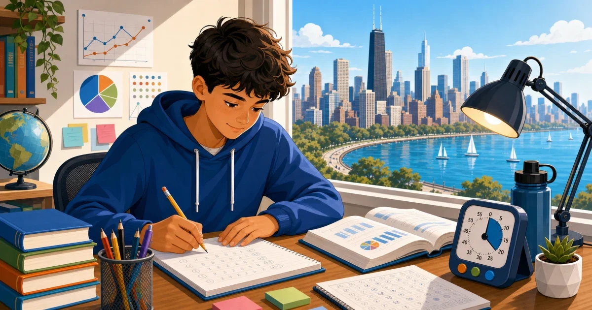Flat illustration of a student studying a Chicago city map with color-coded neighborhood zones representing CPS socioeconomic tiers for selective enrollment admissions