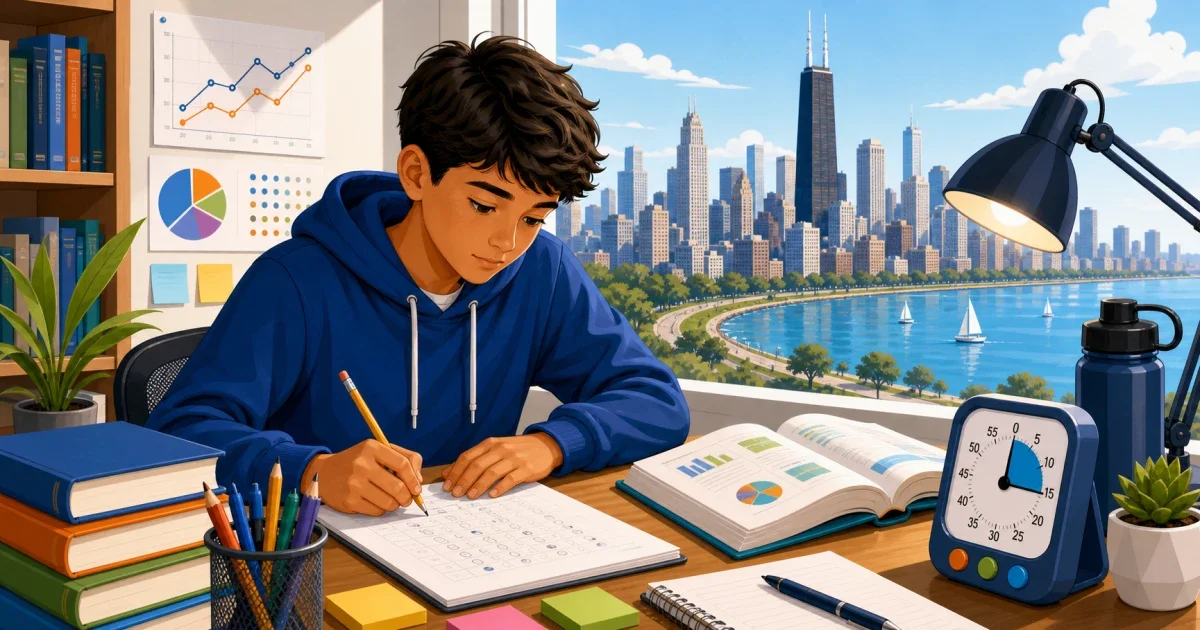 Flat illustration of a middle school student studying at a desk with STEM and math materials, representing HSPT prep for De La Salle Collegiate High School in Warren Michigan