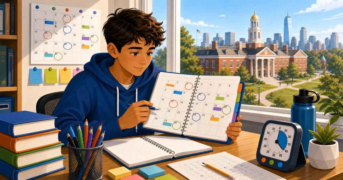 Flat illustration of a Detroit 8th grader sitting at a desk with a checklist, pencil, and test booklet, bright blue and gold color palette publish_date: 2026-02-23