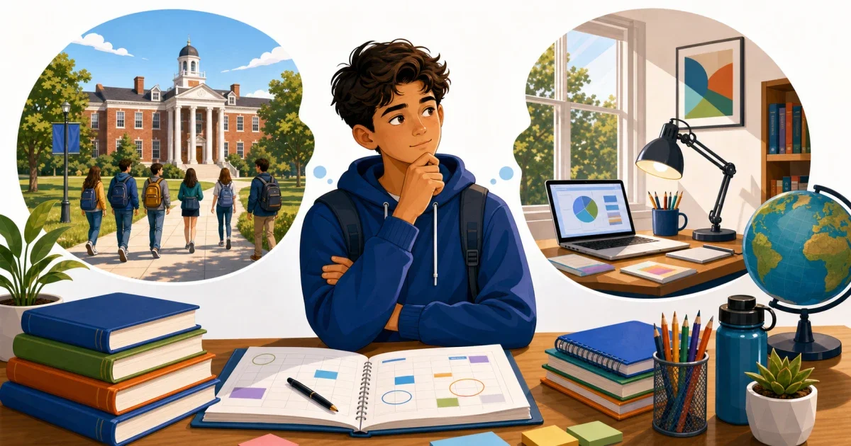 Flat illustration of five Detroit examination high school buildings with STEM icons, a student studying in the foreground, and the Detroit skyline visible in the background