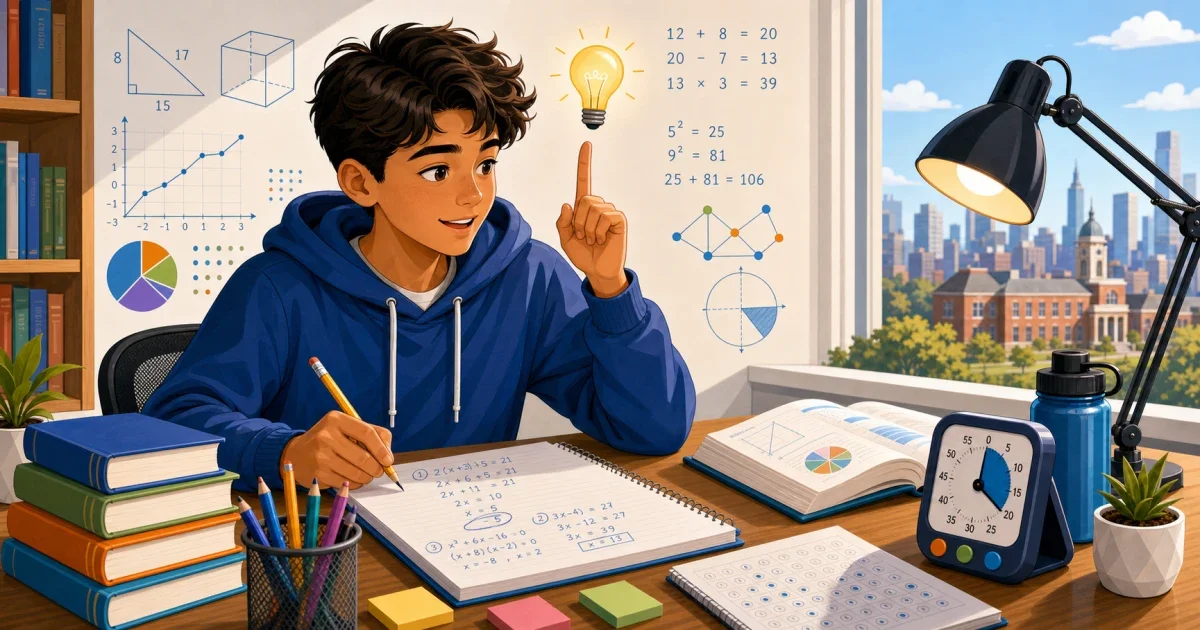 Middle school student working through a logic and pattern problem at a desk, representing gifted program test prep for Dimensions Academy Bloomington