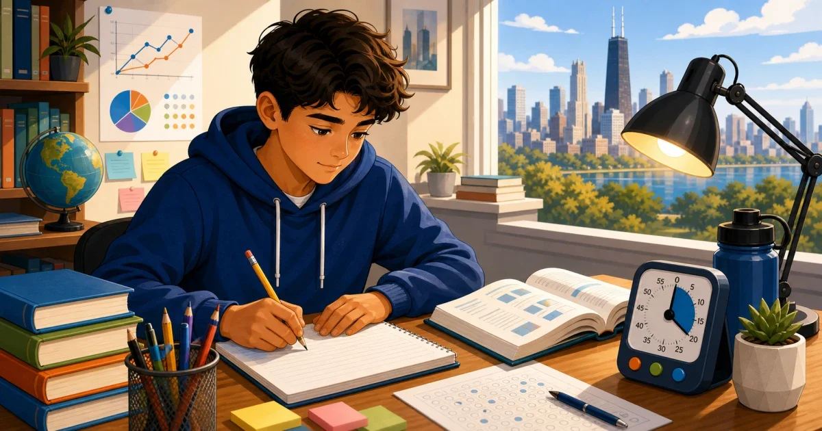 Flat illustration of an 8th grade student writing an essay at a desk with a STEM-themed background including geometric shapes and a pencil