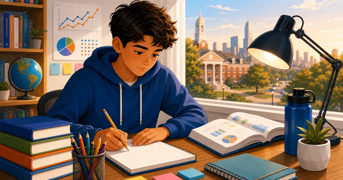 Flat illustration of an 8th-grade student writing at a desk with a STEM-themed background, representing Downingtown STEM Academy admissions essay preparation