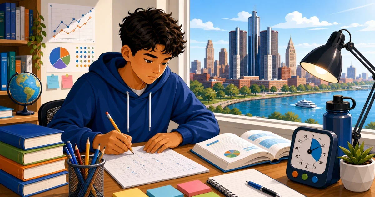 Flat illustration of a Detroit 8th grader studying STEM exam materials at a desk, with science and math icons in bright professional colors