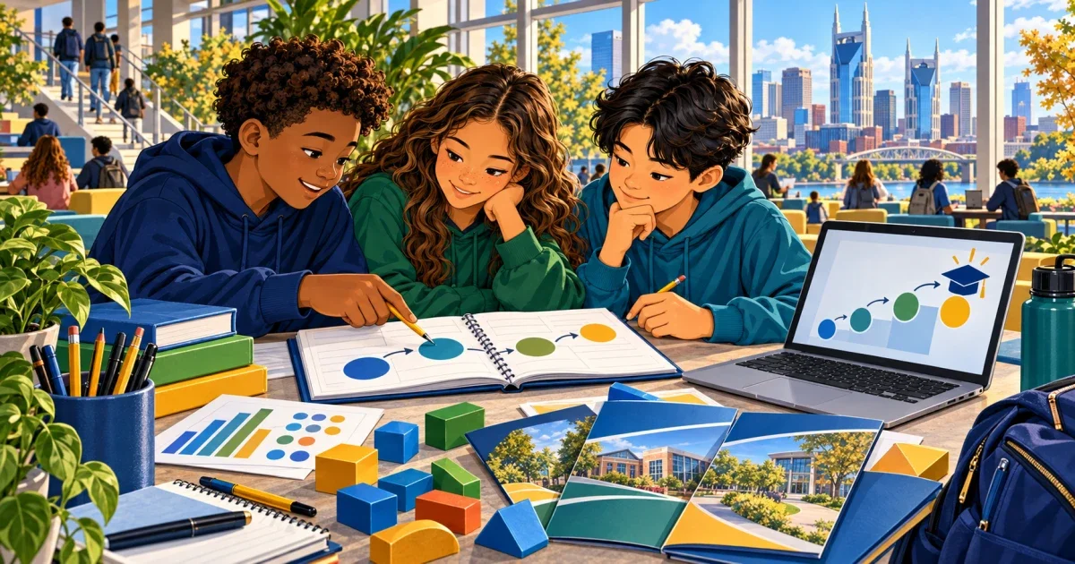 Flat illustration of a Nashville student studying STEM materials with a college campus building in the background, representing Early College High School at Nashville State admissions