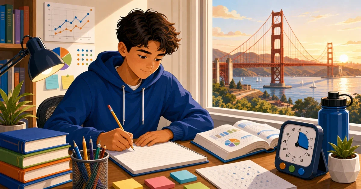 A middle school student writing an admissions essay at a desk with Pacific Northwest evergreen trees in the background, flat illustration style