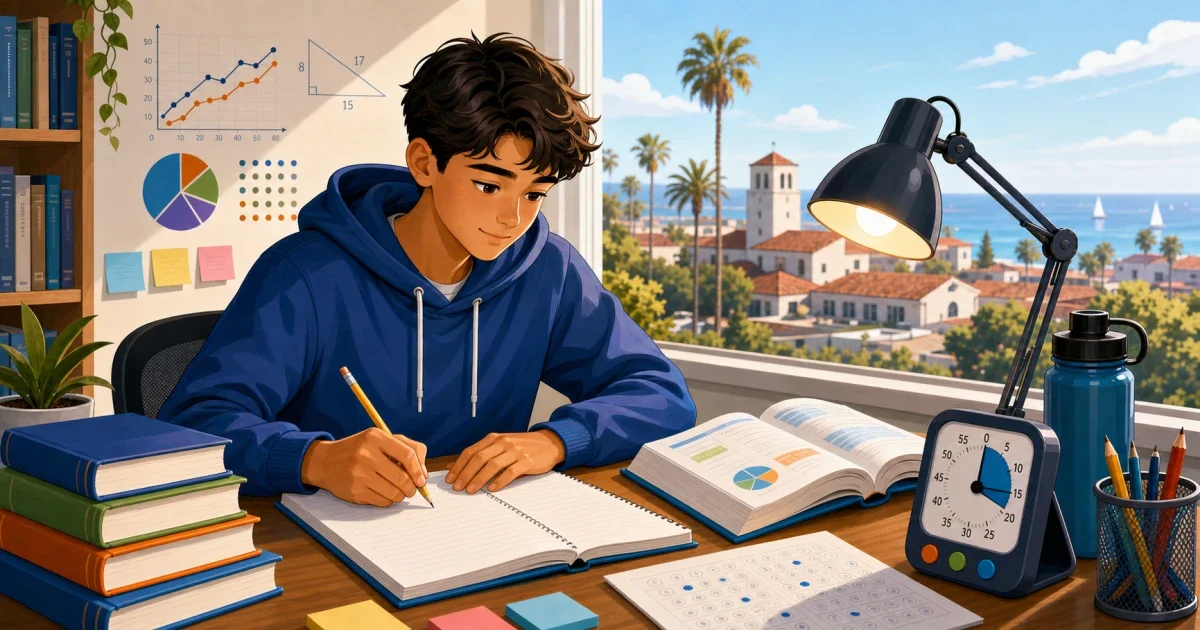 Flat illustration of a student writing at a desk with a timer and pencil, representing ISEE essay prep for Francis Parker School in San Diego