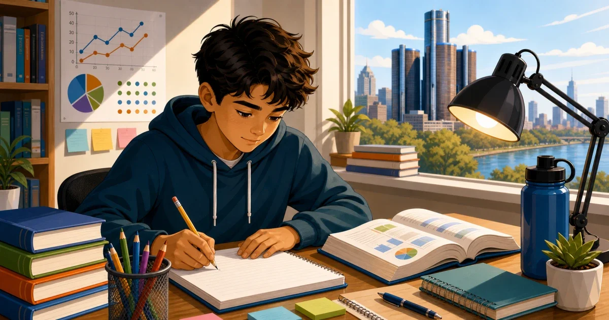 Flat illustration of a student writing at a desk with Chicago architecture and ISEE test booklet in the background, bright blue and gold color palette