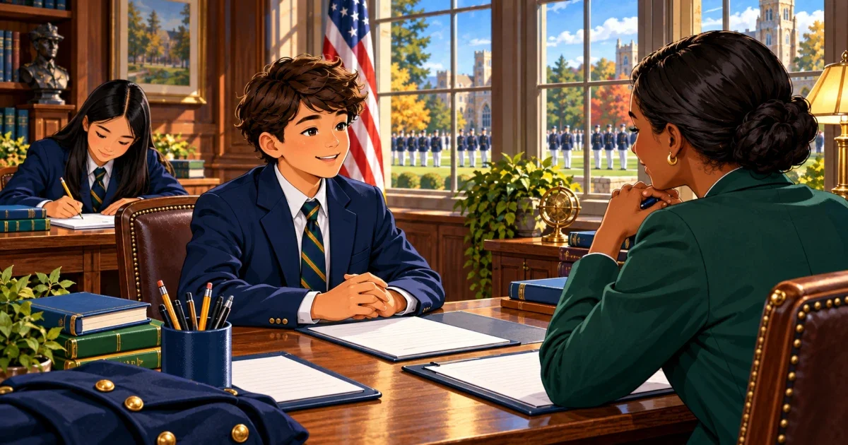 Flat illustration of a middle school student in a structured classroom setting writing an essay, with a military academy pennant on the wall and warm professional colors