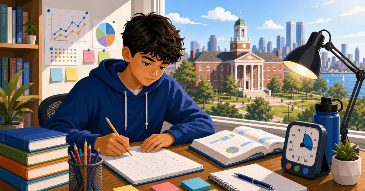 Flat illustration of a student at a computer taking a MAP Growth adaptive test with Boston city skyline in the background