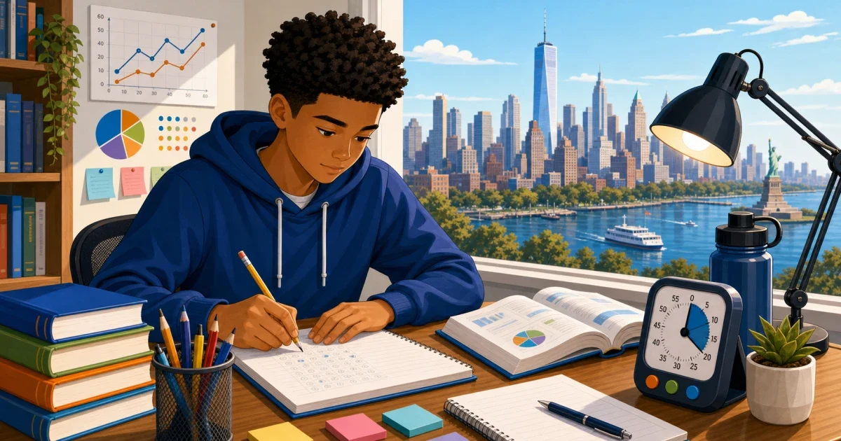 Flat illustration of a student working on a computer-based math test with a New York City skyline in the background