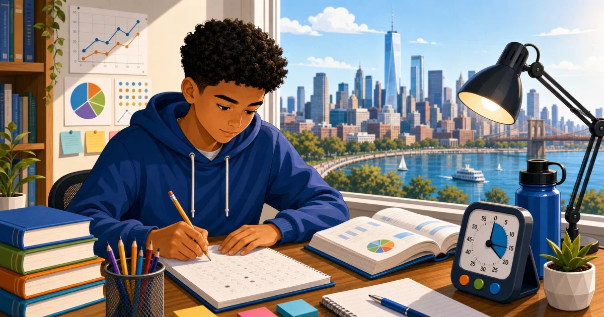 Middle school student doing free SHSAT prep independently at a desk with a laptop and notebook