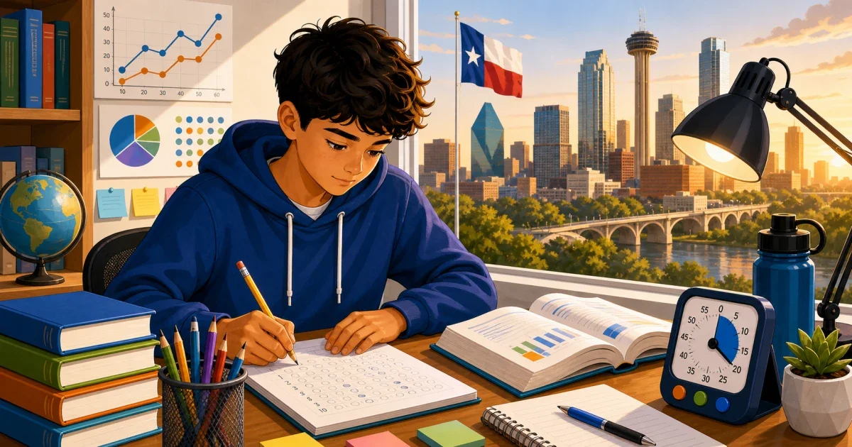 Flat illustration of a focused student working through a multi-section gifted assessment at a desk, with a DFW city skyline visible through a classroom window, bright and professional colors