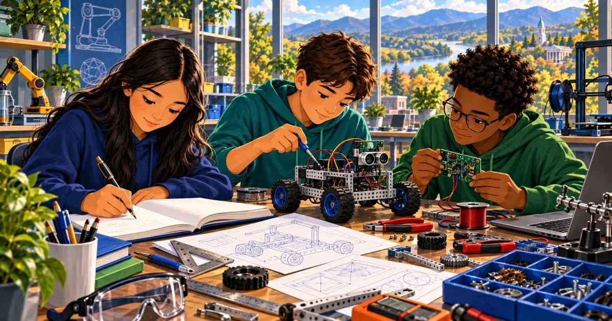 Flat illustration of an 8th grade student writing at a desk with STEM symbols and a Richmond Virginia skyline in the background